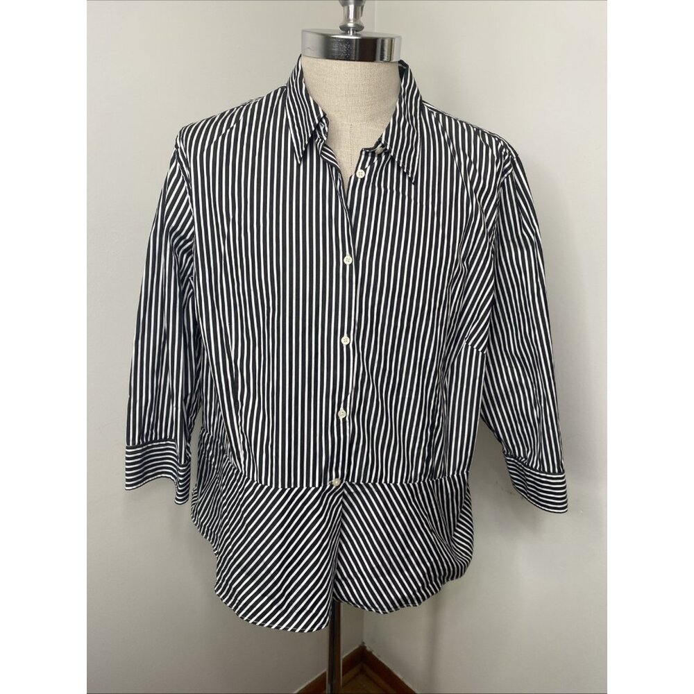 Ralph Lauren 22w Blouse Black White Striped Button Up Top Shirt Collar Cotton 22